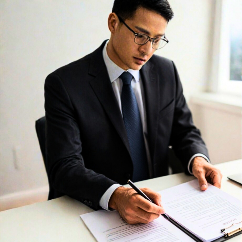 Lawyer reviewing property purchase documents for a real estate transaction in Spain