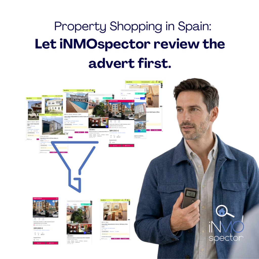 iNMOspector Quick Check desktop evaluation for property buyers in Spain using listing photos, location, cadastral data, and Google Earth to filter properties before a full inspection